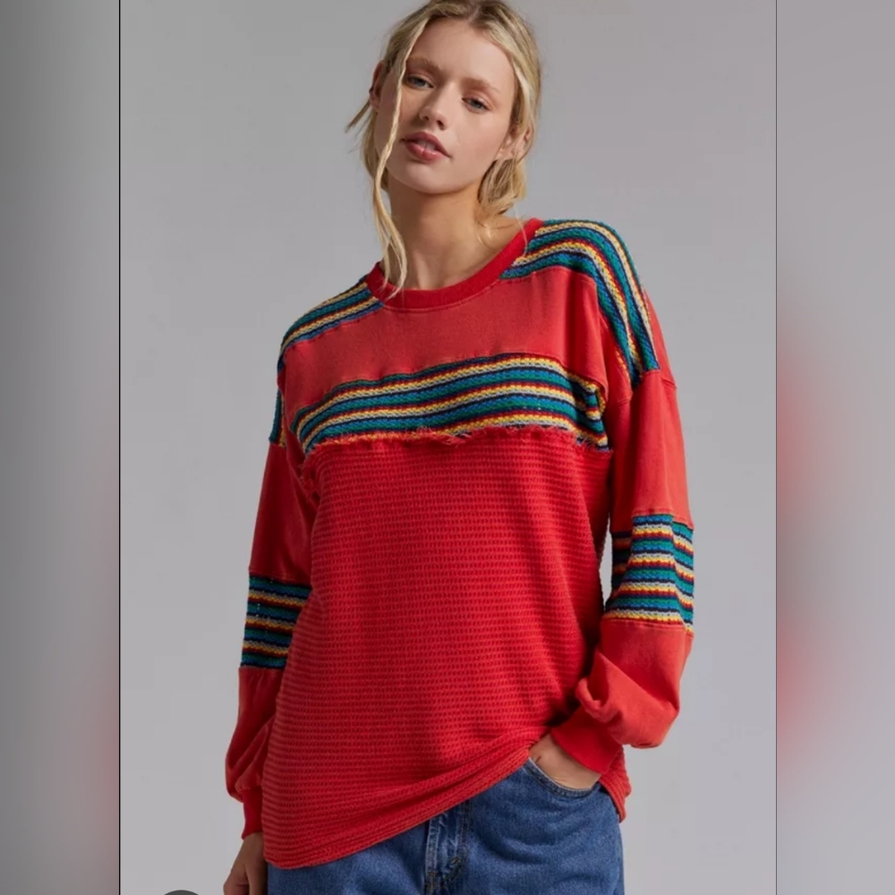 BDG Apollo Oversized Crochet Waffle Knit Long Sleeve Tee‎ Rugby Red Medium New